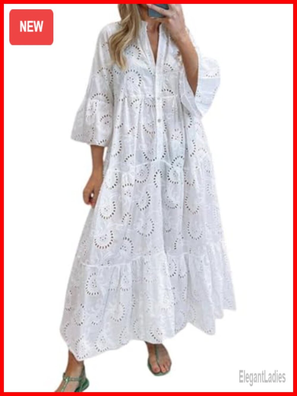 Lace Eyelet Embroidery Maxi Dress V-Neck Trumpet Sleeve Boho Flowy